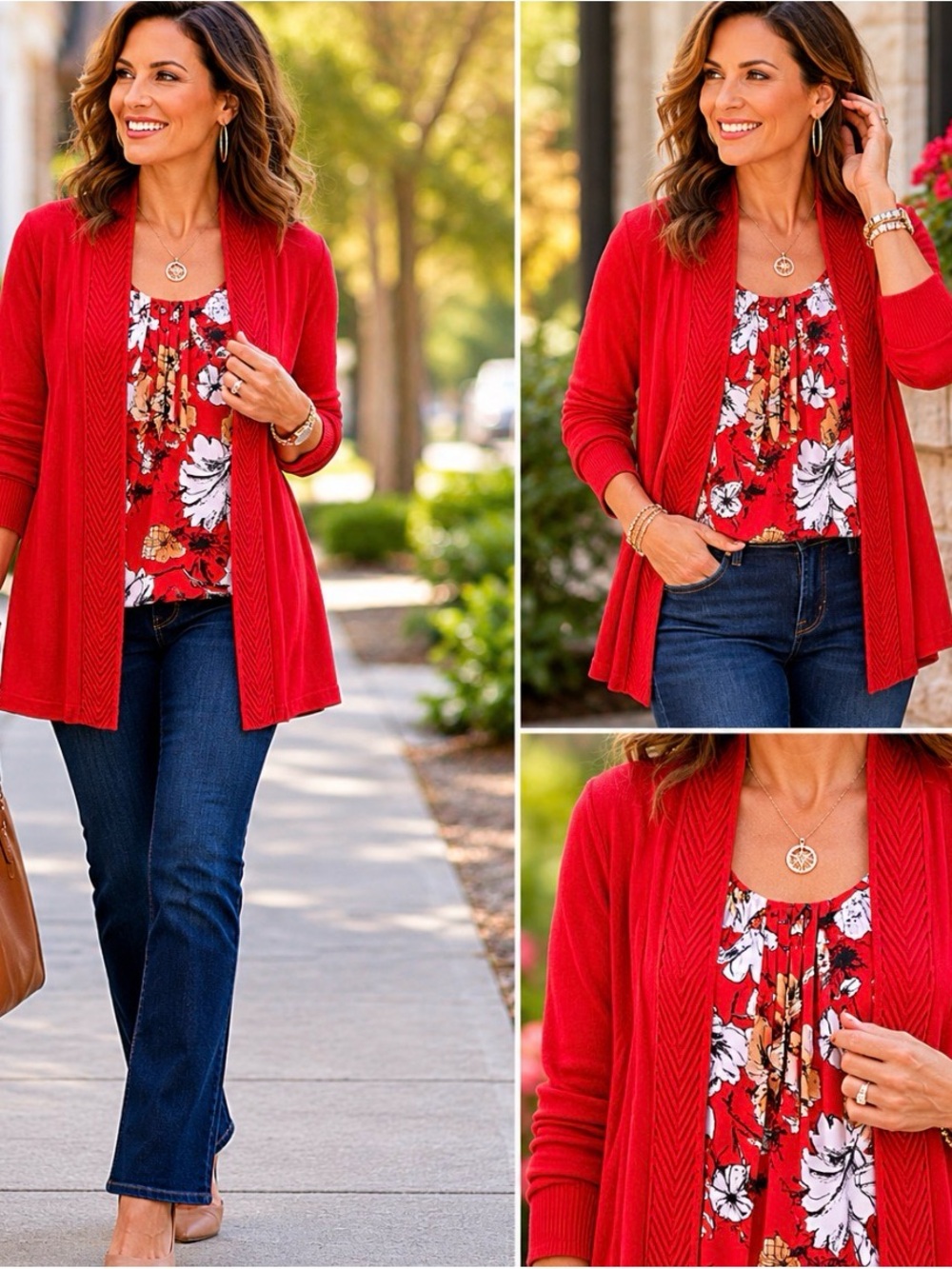 Alfred Dunner Red Open-Front Cardigan with Floral Shell